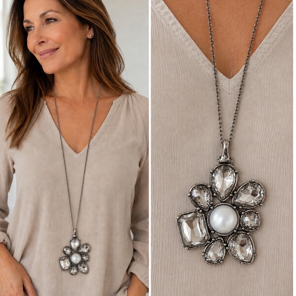 Premier Antiqued Silver Faux Pearl Clear Crystal Flower Long Pendant Necklace